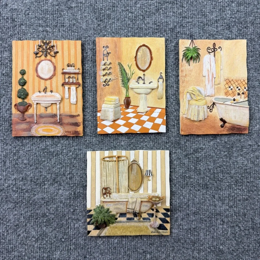 C. Winterle Olson 3D Relief Bathroom Wall Art Plaques Set of 4 Vintage Decor